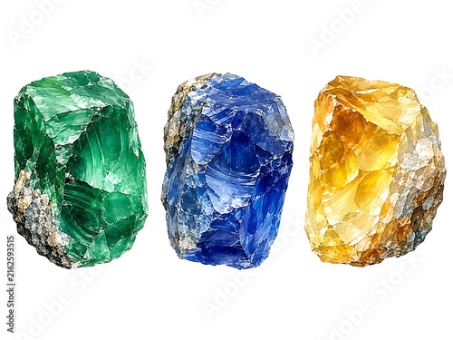 Three large, raw gemstone crystals in vibrant green, deep blue, and golden yellow, featuring rough, faceted surfaces isolated on white background