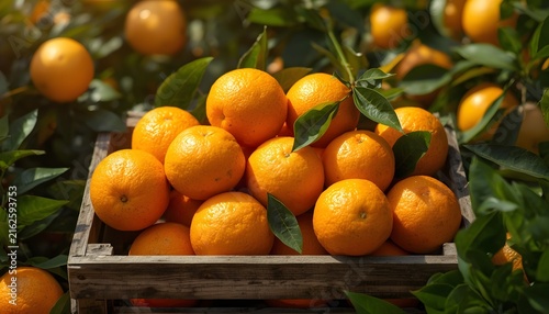 Bright ripe oranges arranged in a rustic wooden crate with fresh citrus leaves and additional fruit visible in the background. The warm sunlight emphasizes the textured orange peel and natural colors 