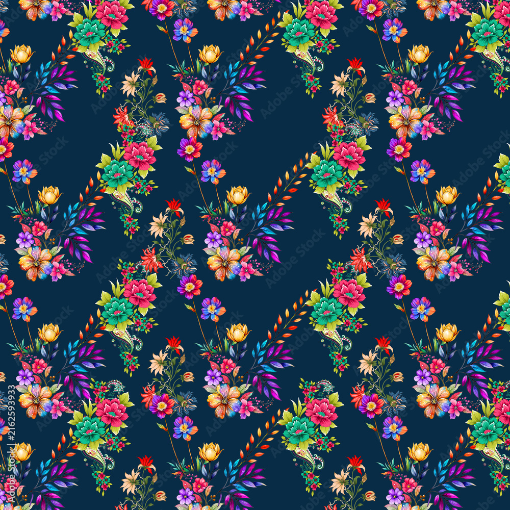 Fototapeta premium Vintage floral seamless pattern on dark blue background, elegant botanical textile print with orange and white flowers, classic chintz wallpaper design.