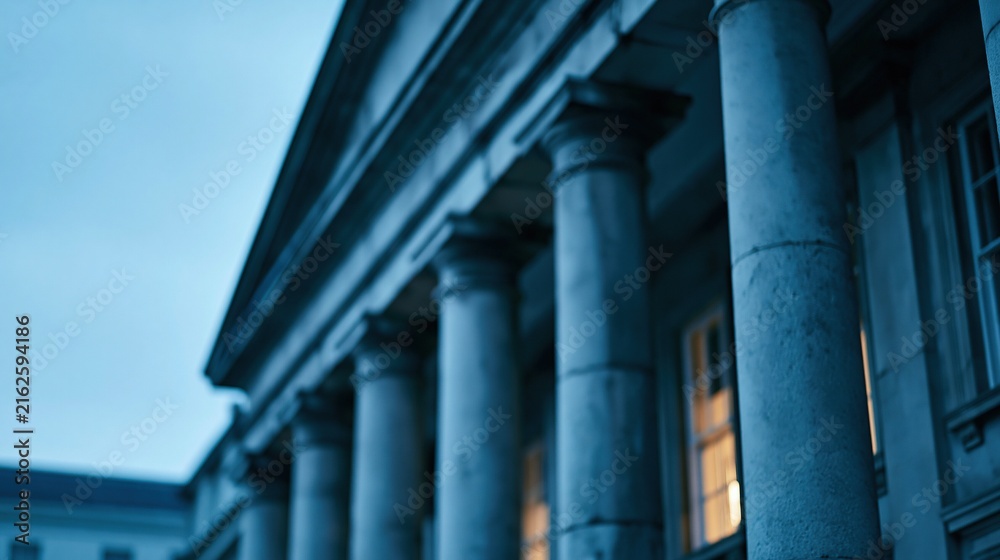 Naklejka premium Low angle view of classical stone columns and windows of a grand building against twilight sky