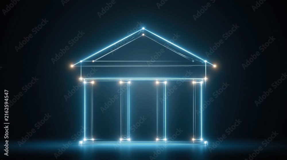 Fototapeta premium Futuristic neon bank building illustration with glowing blue lines and columns on dark background