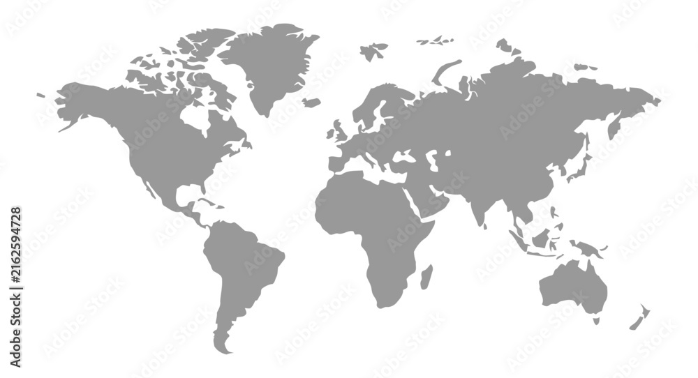 Obraz premium World map illustration showing all continents in grey silhouette isolated on white background