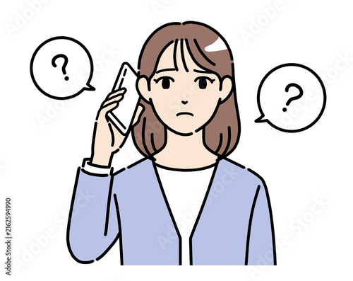 スマホで通話しながら疑問に思うオフィスカジュアル姿の若い女性のイラスト