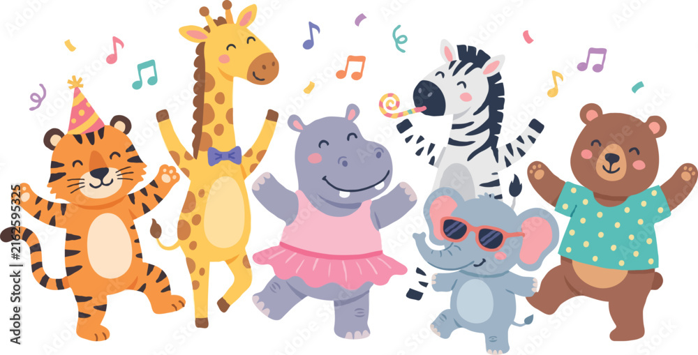 Obraz premium Cartoon animals dancing and celebrating with party decorations