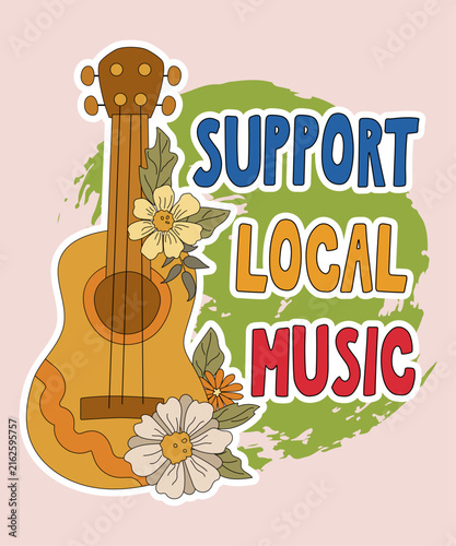 Support local music with acoustic guitar and daisy flowers. Vector illustration isolated on background.