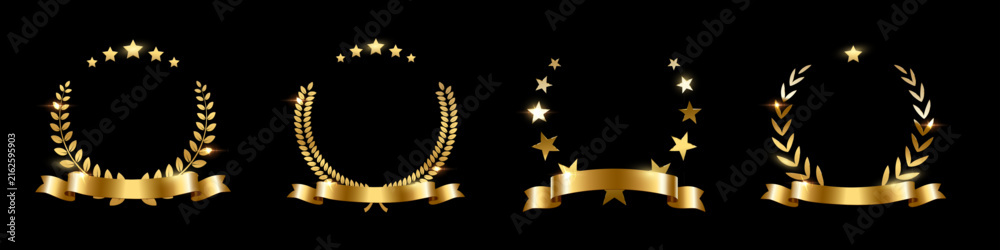 Naklejka premium Gold award laurel wreaths with stars, ribbon and empty place for name of winner. Golden prize for awarding ceremony, championship, best player, diploma. Quality certified icon. Vector illustration.