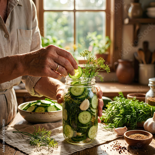 Woman preserving cucumbers in glass jar with dill and garlic homemade canning process