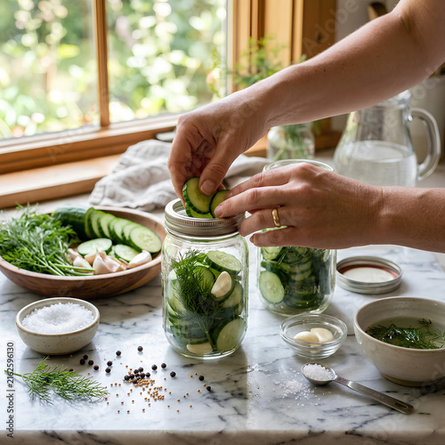 Woman Preserving Cucumbers in Mason Jars Homemade Pickling Process
