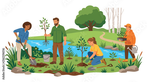 Diverse volunteers planting young trees near river environmental care.