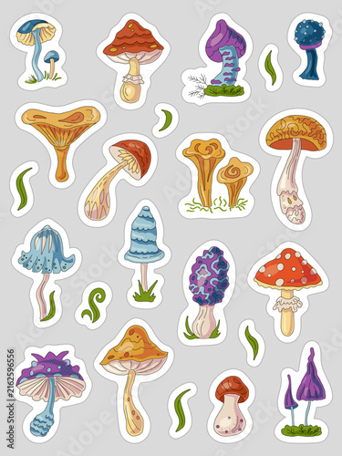 Stickers sheet with cartoon mushrooms. Editable stroke weight. Vector illustration set.