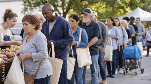 Diverse Group of People Waiting in Line to Receive Fresh Produce at a Community Food Bank, Concept for Hunger Support