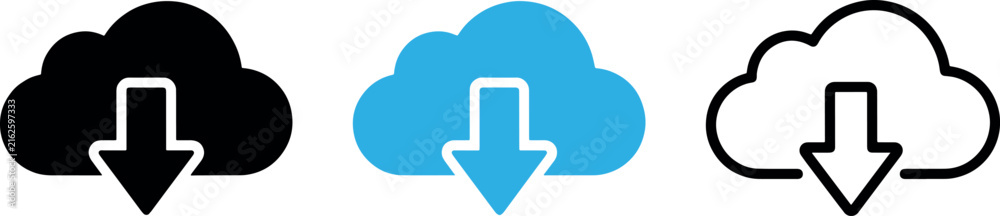 Obraz premium Cloud download icon vector set including halftone effect, solid blue, and black outline versions for web.