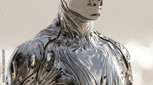 Abstract metallic human figure in avant-garde draped chrome material, reflecting light with a glossy, shiny, futuristic finish