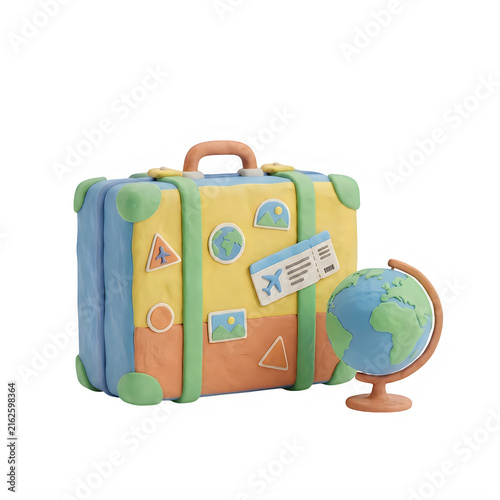 Colorful travel suitcase and globe icon isolated on transparent background