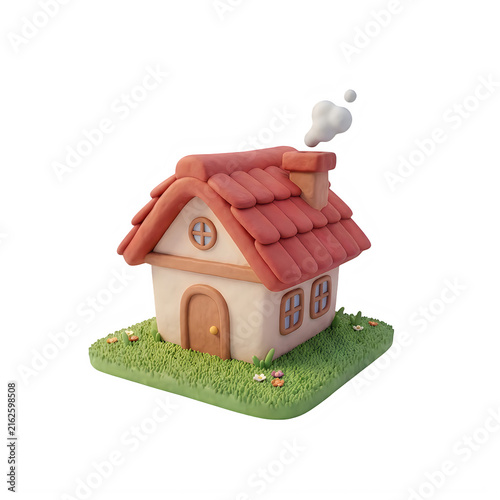 Cute small 3d house with red roof on a green grass patch isolated on transparent background