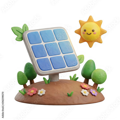 3d solar panel with cute sun in a small green garden isolated on transparent background