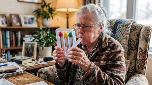 Elderly woman using an incentive spirometer at home. Respiratory therapy exercise for lung rehabilitation, breathing health, senior healthcare and medical recovery.