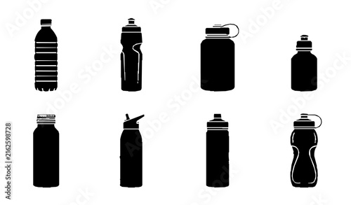 Water Bottle PET Drinking Container Hydration Black Vector Icon Set