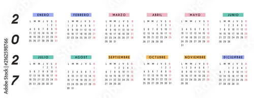 2027 Spanish calendar template horizontal landscape layout. Colorful pastel color block 12 month yearly wall and desk planner in Spanish language for home and office organization.