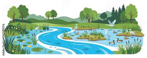 Wetland ecosystem landscape with winding blue river and waterfowl.