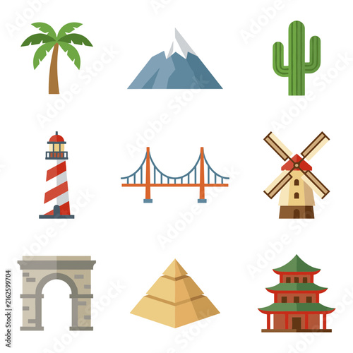 Collection of world travel landmarks and nature flat icons