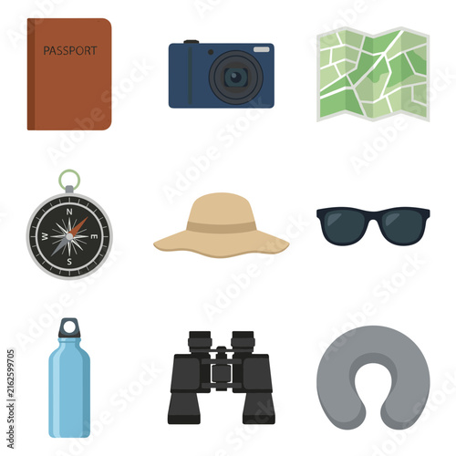 Set of travel accessories and vacation equipment icons