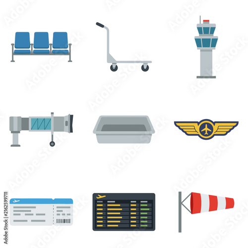 Airport terminal icon set for travel and aviation services
