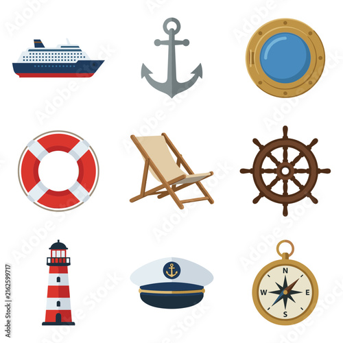 Nautical and cruise ship travel vector icon set