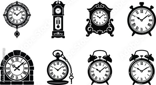 Photography Collection of classic clock silhouettes for timekeeping and vintage concepts aga