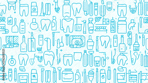 resolution seamless pattern featuring dental and orthodontic line icons in bright blue outlines on white background, includes tooth braces dental chair floss toothbrush toothpaste and tools, 