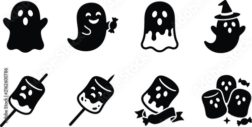 Cute Halloween ghost icons with candy and marshmallows on a white background for festive design elements