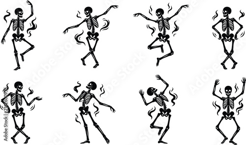 Dancing skeletons in various poses during Halloween celebrations against a white backdrop in a playful style
