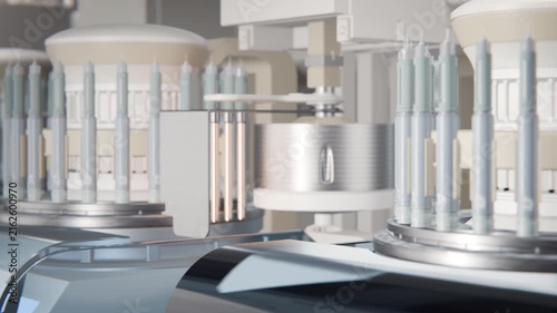 Pharmaceutical production line at pharmacology factory. Quality control medical