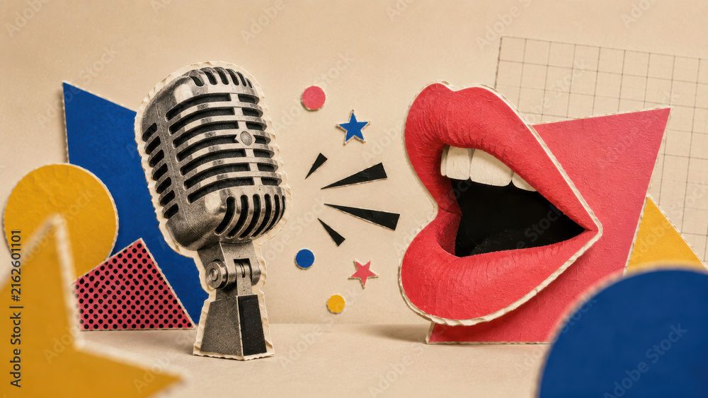 Naklejka premium image.pnVintage chrome microphone facing a pair of open red paper lips with bold shapes and stars on cream card