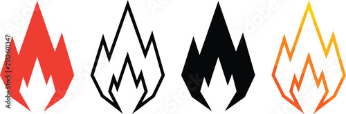Four geometric fire flame icons designed as flat vector graphic symbols on transparent background