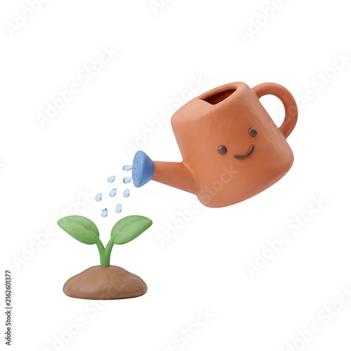 Cute watering can pouring water on a small green plant isolated on transparent background