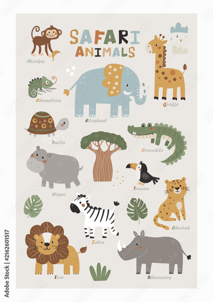 Naklejka premium Cute educational vector poster featuring a selection of adorable savanna and jungle animals.