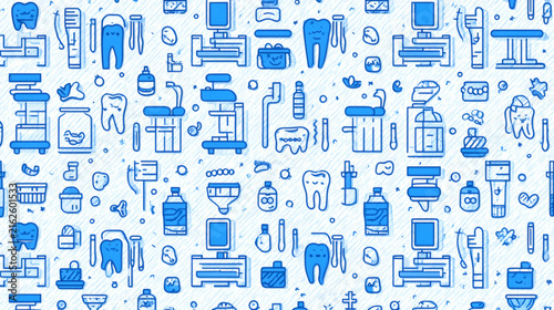 dental and orthodontics pattern with line icons, bright blue outlines on solid white background, icons include dental chair, braces, implants, toothbrush with toothpaste, floss, mouth mirror, 