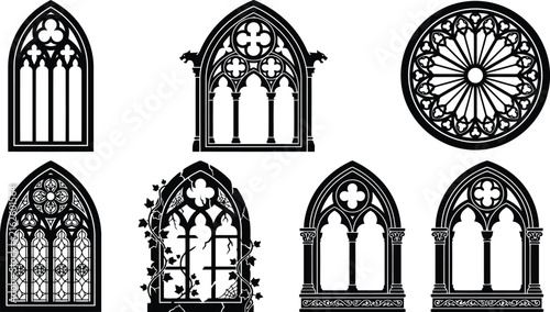 Gothic architectural window silhouettes with ornate tracery and gargoyles in a dark historical style