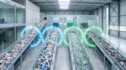 Modern industrial recycling plant facility with multiple conveyor belts sorting paper, plastic, glass, and metal waste with glowing recycling loop symbols.