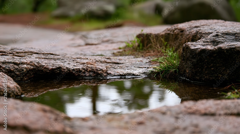 Fototapeta premium A shallow rain pool reflects sky and trees between weathered granite stones in a quiet natural setting