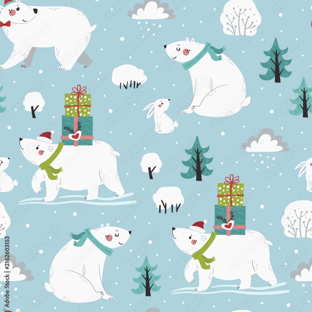 Naklejka premium Christmas seamless pattern with cute polar bears and Christmas gifts on light blue background