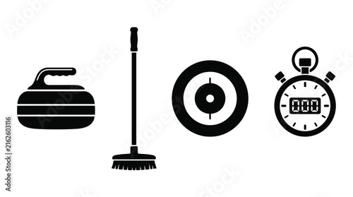 Curling Stone Broom Target And Stopwatch Silhouettes On White Background