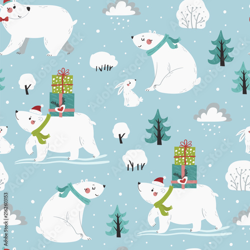  Christmas seamless pattern with cute polar bears and Christmas gifts on light blue background