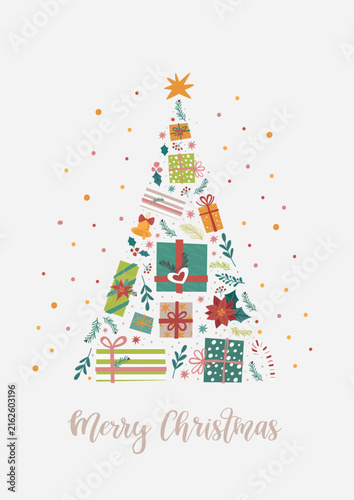 A greeting card featuring a creative Christmas tree made of wrapped gifts and tree-shaped ornaments.