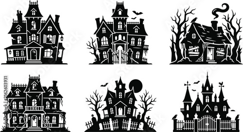 Silhouetted haunted houses with spooky trees and bats under a full moon for Halloween graphic design elements