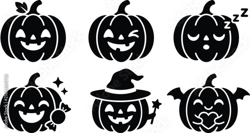 Six diverse Halloween pumpkin icons with varied expressions and accessories on a white background for festive design