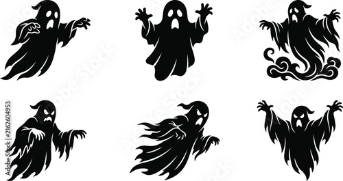 Six playful black ghost silhouettes with flowing fabric and outstretched arms against a white background symbolizing Halloween and spooky fun