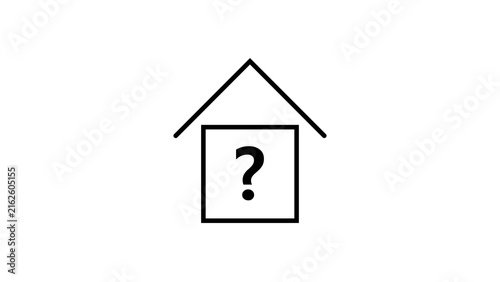 Outline house icon with central question mark symbol for real estate inquiry interface