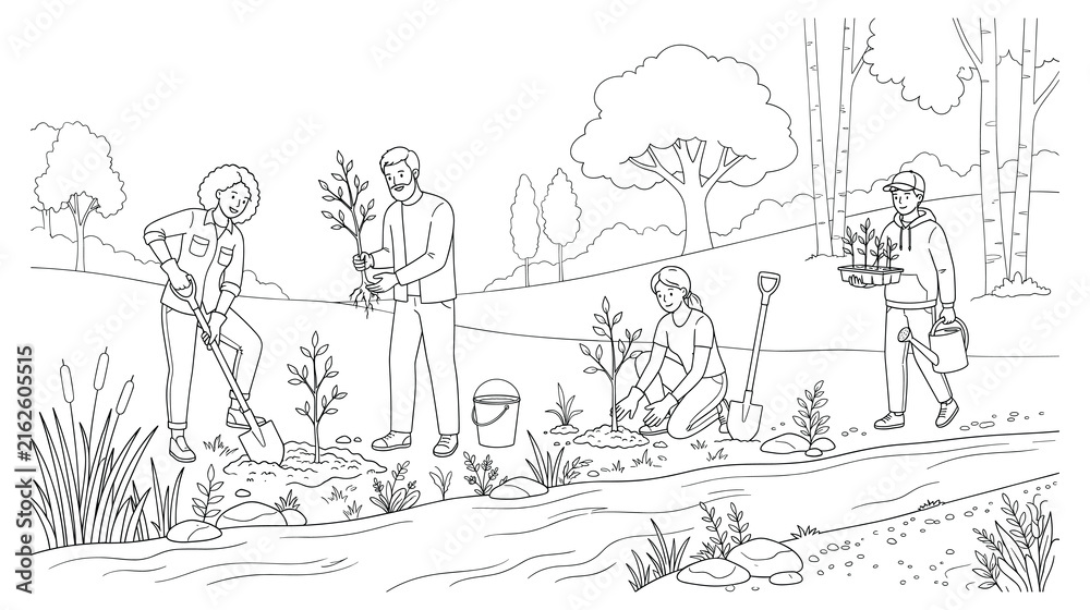 Fototapeta premium Community volunteers planting young trees near river bank scene.